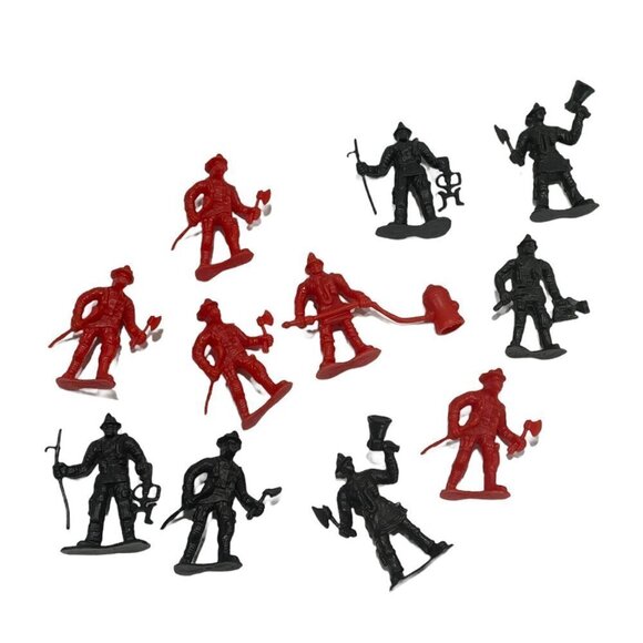 Lot Of Plastic Red Black Fireman Men Firefighters Toy Figures - Picture 1 of 4